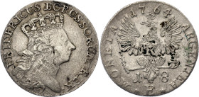 German States Prussia 18 Groschen 1764 E. KM# B300, N# 156643; Silver 5.31 g.; Friedrich II the Great; Königsberg Mint (modern Kaliningrad, Russia); V...
