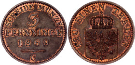 German States Prussia 3 Pfenning 1869 C. KM# 482, N# 14248; Copper; Wilhelm I; Frankfurt Mint; UNC, red mint luster remains