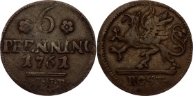 German States Rostock 6 Pfenning 1761. KM# 123, N# 38387; Copper; VF-