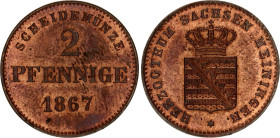 German States Saxe-Meiningen 2 Pfennig 1867. KM# 174, N# 22471; Copper; Georg II; UNC with red mint luster.