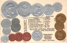 Germany - Empire Post Card "Coins of Germany" 1912 - 1937 (ND). Carton; Germany Coinage Postcard; Currency exchange chart; Emb. litho; Max Heimbrecht ...