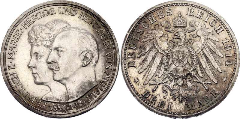 Germany - Empire Anhalt-Dessau 3 Mark 1914 A. KM# 30, J# 24, N# 26552; Silver 16...