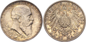 Germany - Empire Baden 2 Mark 1902. KM# 271, AKS# 157, J. 30, N# 16296; Silver 11.11 g.; Friedrich I; 50th Anniversary of the Reign of Duke Friedrich ...