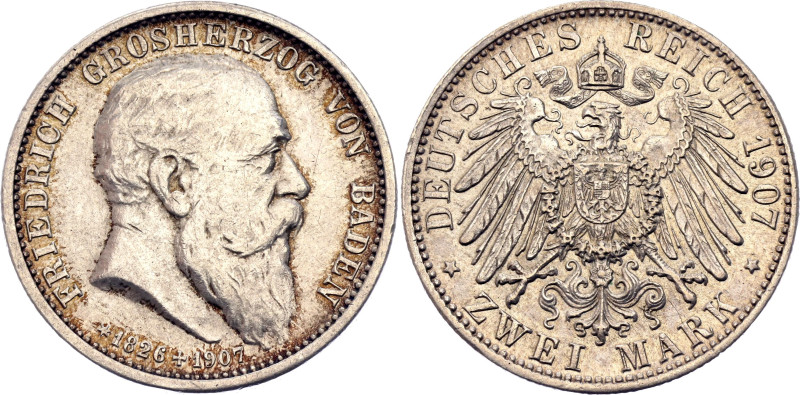 Germany - Empire Baden 2 Mark 1907. KM# 278, N# 16297; Silver 11.09 g.; Death of...
