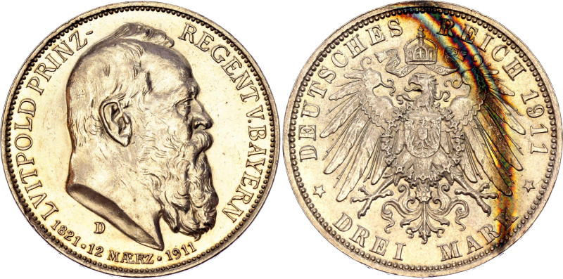 Germany - Empire Bavaria 3 Mark 1911 D. KM# 998, J. 49, N# 15935; Silver 16.67 g...