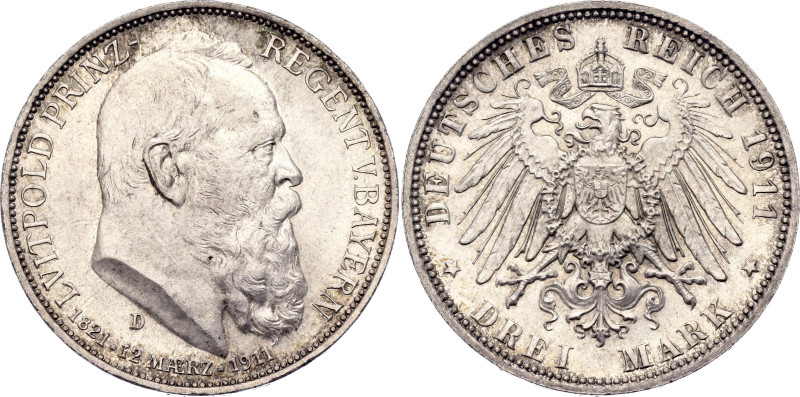 Germany - Empire Bavaria 3 Mark 1911 D. KM# 998, J. 49, N# 15935; Silver 16.61 g...