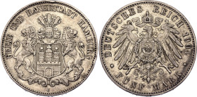 Germany - Empire Hamburg 5 Mark 1904 J. KM# 610, AKS# 45, J. 65, N# 20427; Silver 27.78 g.; XF
