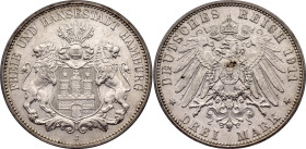 Germany - Empire Hamburg 3 Mark 1911 J ICG AU58. KM# 620, N# 7642; Silver 16.63 g.