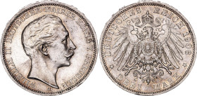 Germany - Empire Prussia 3 Mark 1908 A. KM# 527, AKS# 131, J. 103, N# 3643; Silver 16.64 g.; Wilhelm II; Berlin Mint; AUNC
