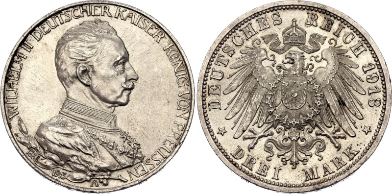 Germany - Empire Prussia 3 Mark 1913 A. KM# 535, J. 112, N# 19478; Silver 16.67 ...