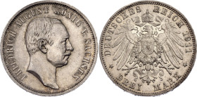 Germany - Empire Saxony-Albertine 3 Mark 1911 E. KM# 1267, J# 135, N# 18482; Silver 16.56 g.; Friedrich August III; Muldenhütten Mint; AUNC-