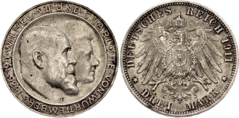 Germany - Empire Wurttemberg 3 Mark 1911 F. KM# 636, J. 177a, N# 17328; Silver 1...