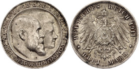 Germany - Empire Wurttemberg 3 Mark 1911 F. KM# 636, J. 177a, N# 17328; Silver 16.66 g.; Wilhelm II; Silver Wedding Anniversary; Stuttgart Mint; UNC w...