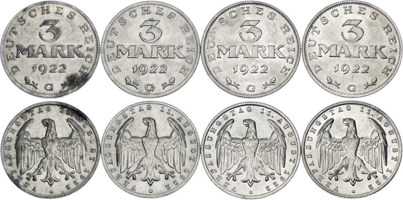 Germany - Weimar Republic 4 x 3 Mark 1922 G. KM# 29, AKS# 72, N# 3415; Aluminium...