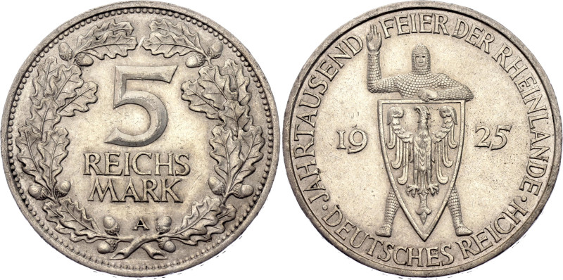 Germany - Weimar Republic 5 Reichsmark 1925 A. KM# 47, AKS# 60, N# 31803; Silver...