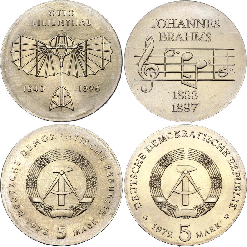 Germany - DDR 2 x 5 Mark 1972 - 1973. KM# 36, 43; Copper-nickel; 75th Anniversar...