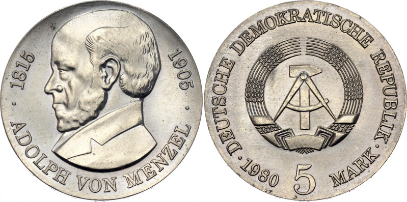 Germany - DDR 5 Mark 1980 A. KM# 76, N# 43325; Nickel Brass; 75th Anniversary - ...