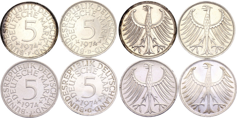 Germany - FRG 4 x 5 Deutsche Mark 1974 D - F - G - J. KM# 112.1, N# 1933; Silver...