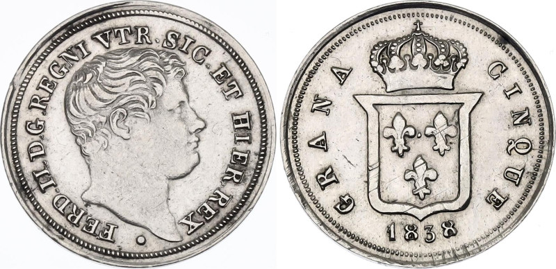 Italian States Naples 5 Grana 1838. KM# 326, N# 26586; Silver 1.10 g.; Ferdinand...