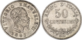 Italy 50 Centesimi 1863 M BN. KM# 14.1, N# 4258; Silver; Vittorio Emanuele II; Milan Mint.; VF+