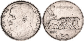 Italy 50 Centesimi 1924 R R3. KM# 61, N# 2395; Nickel; Vittorio Emanuele III; XF+