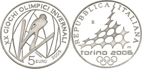 Italy 5 Euro 2005 R. KM# 256, N# 50186; Silver 18.00 g., Proof; XX Olympic Winter Games Turin 2006: Ski jumping