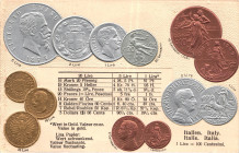 Italy Post Card "Coins of Italy" 1912 - 1937 (ND). Carton; Italy Coinage Postcard; Currency exchange chart; Emb. litho; Max Heimbrecht - Oranienburg-E...