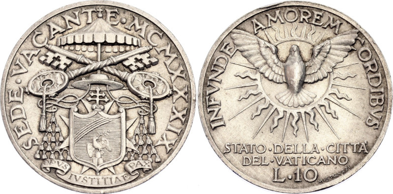 Vatican 10 Lire 1939. KM# 21, N# 24976; Silver 9.96 g.; Sede Vacante; Mintage 30...