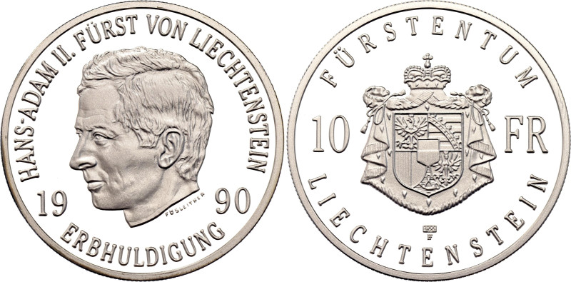 Liechtenstein 10 Franken 1990 HF. Y# 22, N# 14849; Silver 30.00 g., Proof; Princ...