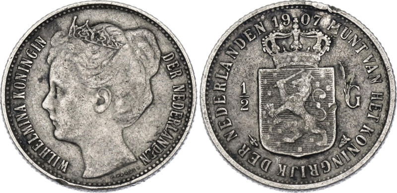 Netherlands 1/2 Gulden 1907. KM# 121.2, N# 16123; Silver 5 g.; Wilhelmina; VF