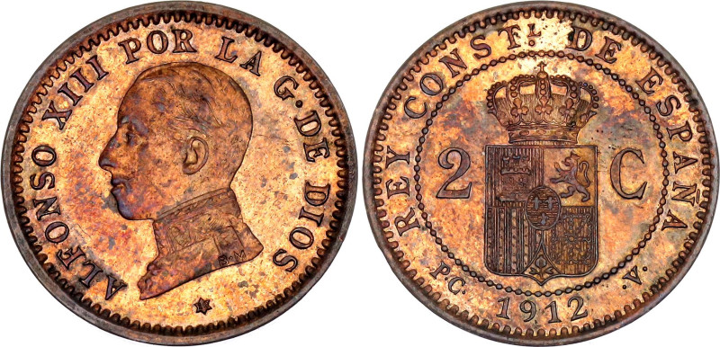 Spain 2 Centimos 1912 (*12) PCV. KM# 732, N# 9104; Bronze; Alfonso XIII; UNC wit...