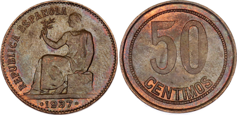 Spain 50 Centimos 1937 (*36). KM# 754.1, N# 14677; Circle of round dots; Brass; ...