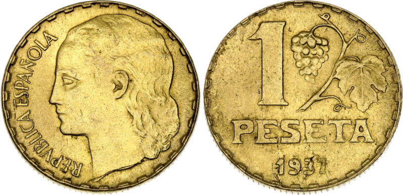 Spain 1 Peseta 1937. KM# 755, N# 6274; Aluminium-bronze; "Rubia"; UNC with mint ...