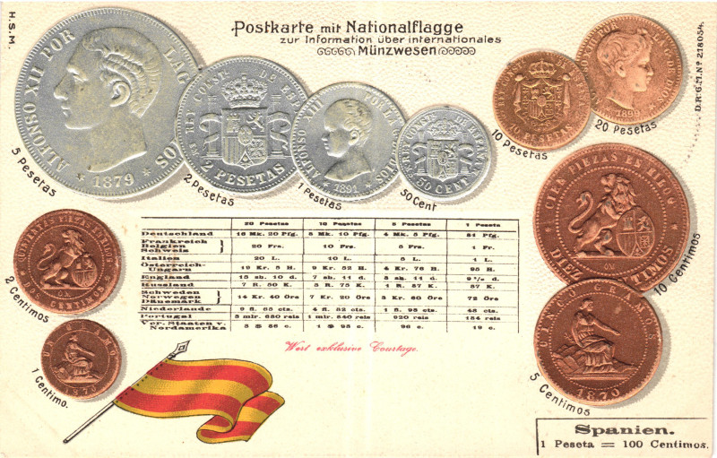 Spain Post Card "Coins of Spain" 1904 - 1912 (ND). Carton; Spain Coinage Postcar...