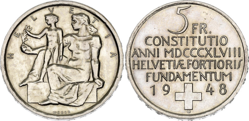 Switzerland 5 Francs 1948 B. KM# 48, N# 12906; Silver 15 g.; 100th Anniversary o...