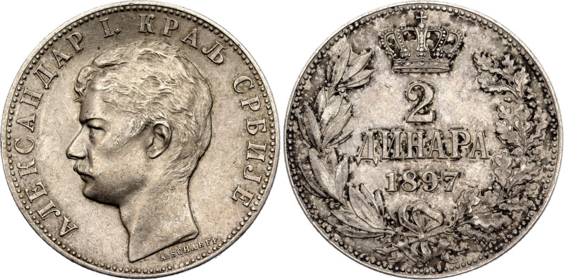 Serbia 2 Dinara 1897. KM# 22, N# 15750; Silver 9.96 g.; Alexander I; AUNC with n...