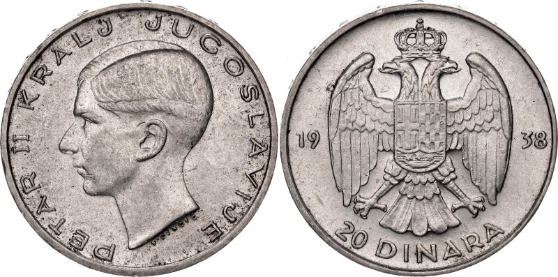 Yugoslavia 20 Dinara 1938. KM# 23, Schön# 18, N# 7471; Silver 9.00 g.; Peter II;...