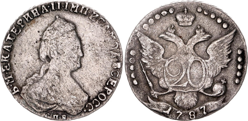 Russia 20 Kopeks 1787. Bit# 404; Silver 4.23 g.; F