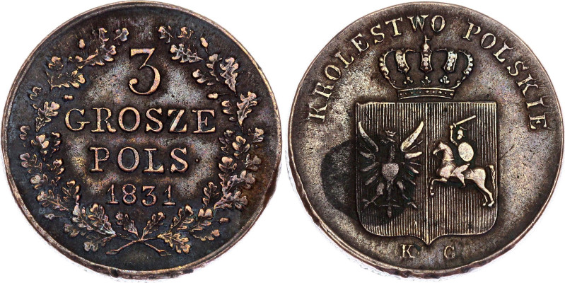 Russia - Poland 3 Grosze 1831 KG. Bit# PV8; Eagle's legs are straight; Copper 8....
