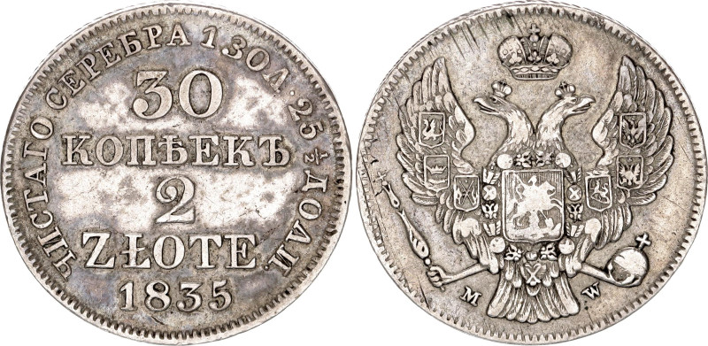 Russia - Poland 30 Kopeks - 2 Zlote 1835 MW. Bit# 1152; Silver 6.09 g.; VF