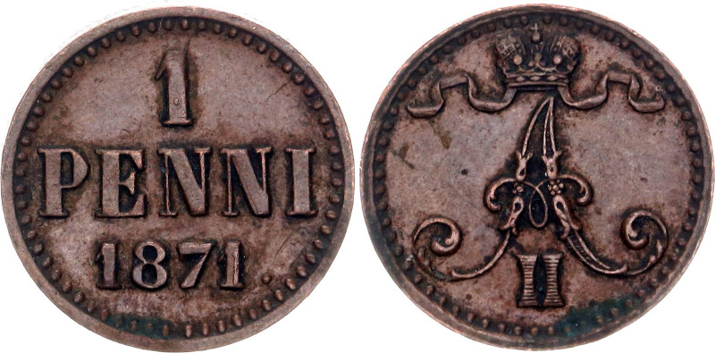 Russia - Finland 1 Penni 1871. Bit# 670; Copper 1.24 g.; XF+