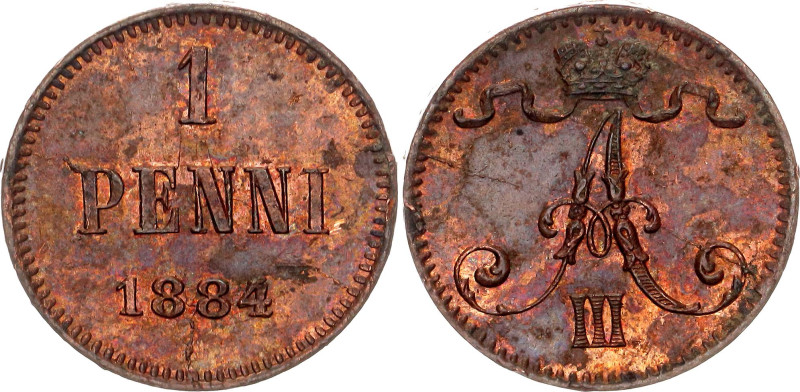 Russia - Finland 1 Penni 1884 R1. Bit# 252 (R1); Copper 1.29 g.; AUNC with red l...