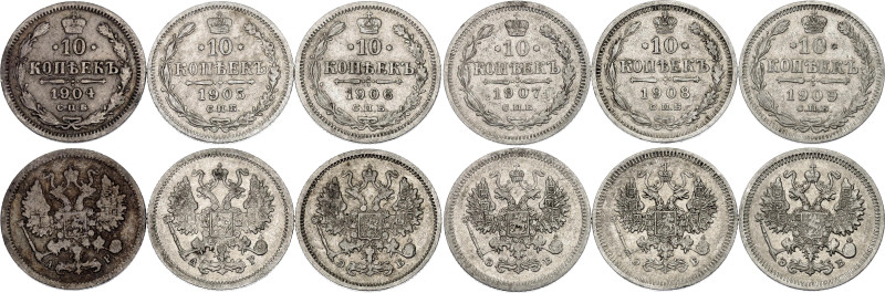 Russia 6 x 10 Kopeks 1904 - 1909. Silver., Total weight: 10.29 g.; Various Dates...