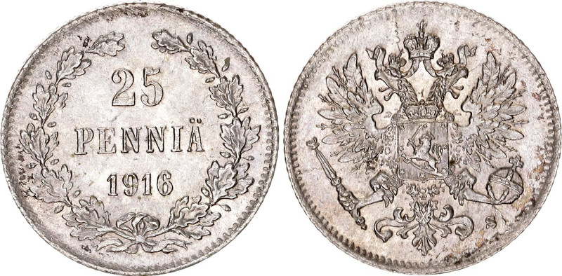 Russia - Finland 25 Pennia 1916 S. Bit# 421, KM# 6, N# 21085; Silver 1.21 g.; UN...