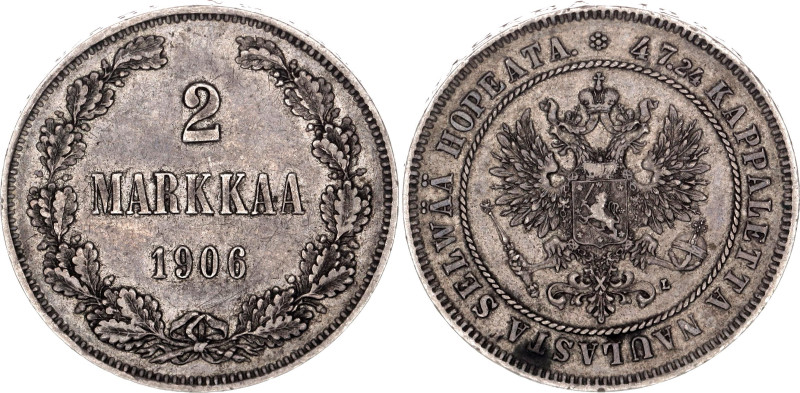 Russia - Finland 2 Markka 1906 L. Bit# 396; Silver 10.31 g.; XF with toning