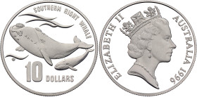 Australia 10 Dollars 1996 Piedort. KM# P8, N# 188248; Silver 40.00 g., Proof; Elizabeth II; Australia's Endangered Species - Southern Right Whale; Min...