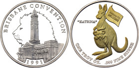 Australia Silver Medal "Brisbane Convention" 1991. Gold plated Silver (.999) 31.37 g., Proof; Obv: A kangaroo with a lion in a bag with a flag on its ...