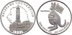 Australia Silver Medal "Brisbane Convention" 1991. Silver (.999) 31.32 g., Proof; Obv: A kangaroo with a lion in a bag with a flag on its left shoulde...