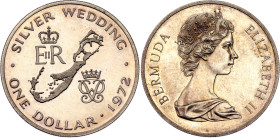 Bermuda 1 Dollar 1972. KM# 22a, N# 27422; Silver 28.28 g., Proof; Elizabeth II; Silver Wedding; Mintage 14702 pcs.; With nice toning & minor hairlines...