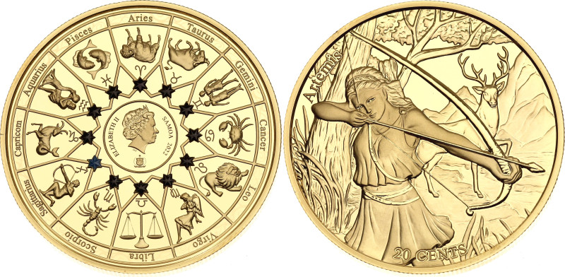 Samoa 20 Cents 2021. Gold plated copper; The Gods of Ancient Greece - Artemis; M...